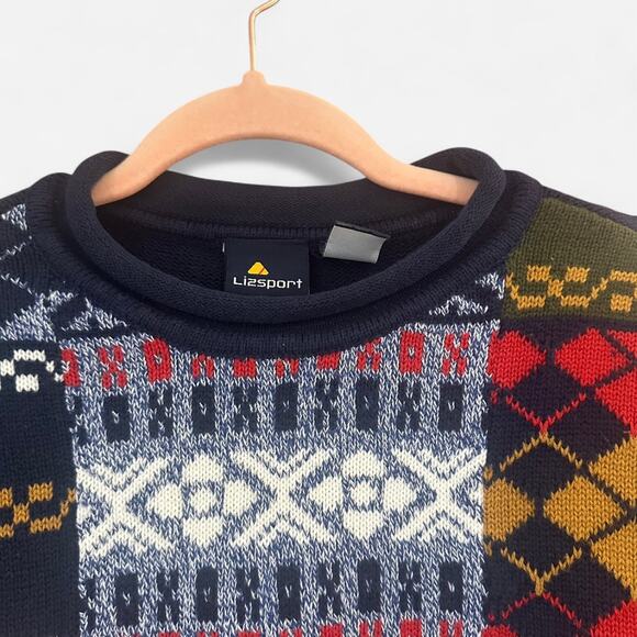 Vintage 90s Liz Sport 100% Cotton Fair Isle Patchwork Sweater Rare Knit - Picture 5 of 9